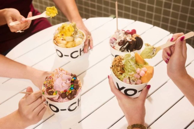 Caption Londoners queue two hours for frozen yoghurt that's the 'best thing to happen since One Direction' iloveyochi.uk