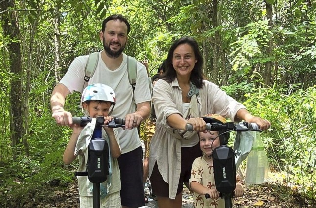 Ryan Blackley and wife Jess with sons Noah and Bodhi in Thailand. // A family of four have ditched the UK to travel the world with just two suitcases ? spending ?60 per day. Ryan Blackley, 35, and wife Jess, 34, headed out to Chang Mai, Thailand on February 24 2026 with sons Noah, six, and Bodhi, four. They had travelled together back in 2016 before having children and say they knew their future would "lie outside the UK". By renting out the two flats and family home they still own, the pair class themselves as retired and can fund their new lifestyle with the profits. Photo released 24/08/2026